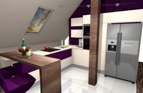Oryginalny projekt kuchni na poddaszu z fioletowymi elementami