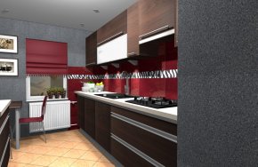 Stylowy projekt kuchni - ciemne meble z intensywną czerwienią